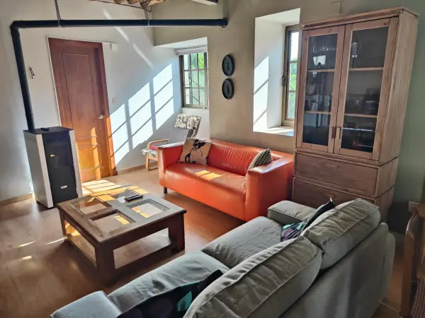 Salón con sofá naranja y estufa de la casa rural en Ourense